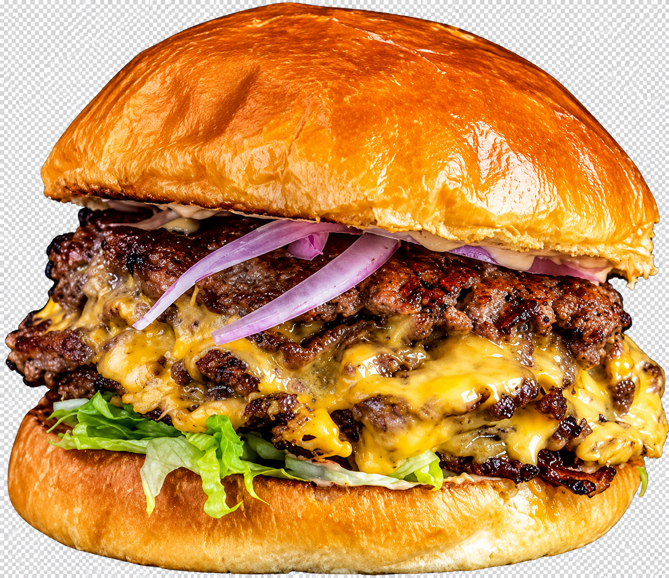 Cheeseburger with melted cheese, lettuce and red onion
