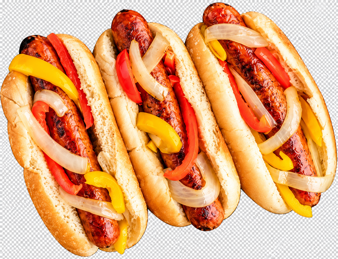 Grilled sausage rolls with peppers and onions