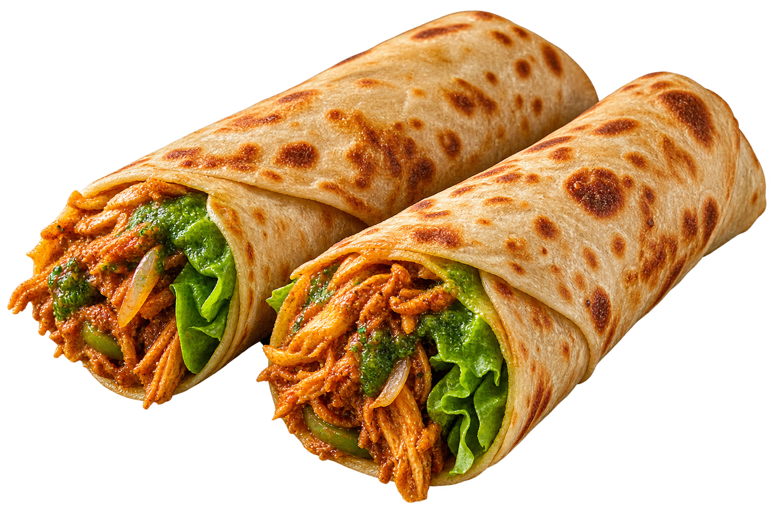 Two filled roti wraps with chicken, greens and sauce